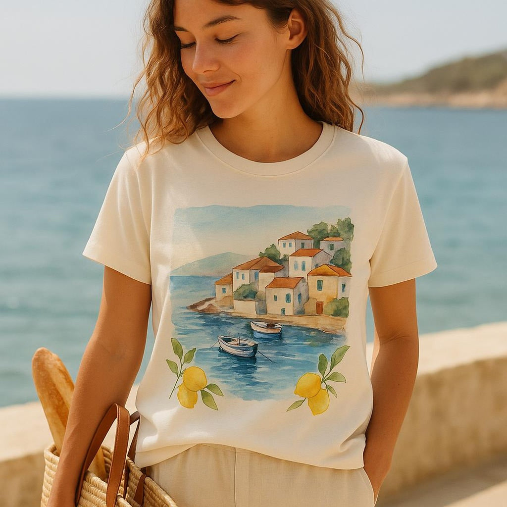 Model wearing relaxed-fit coastal escape tee at a sunny harbour cafe