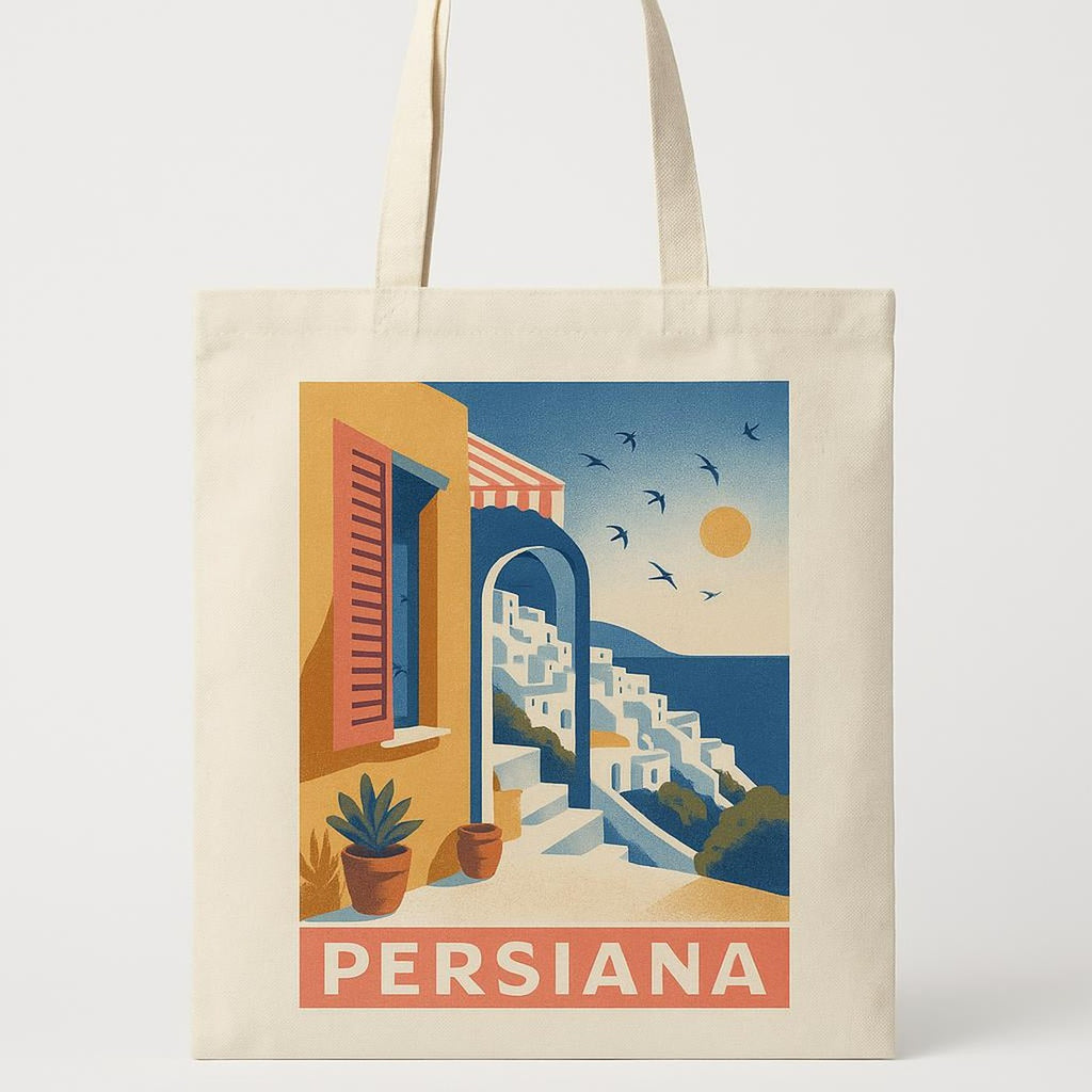 Woven cotton tote bag in warm ochre and sandy sun-washed stripes shown against a plaster wall
