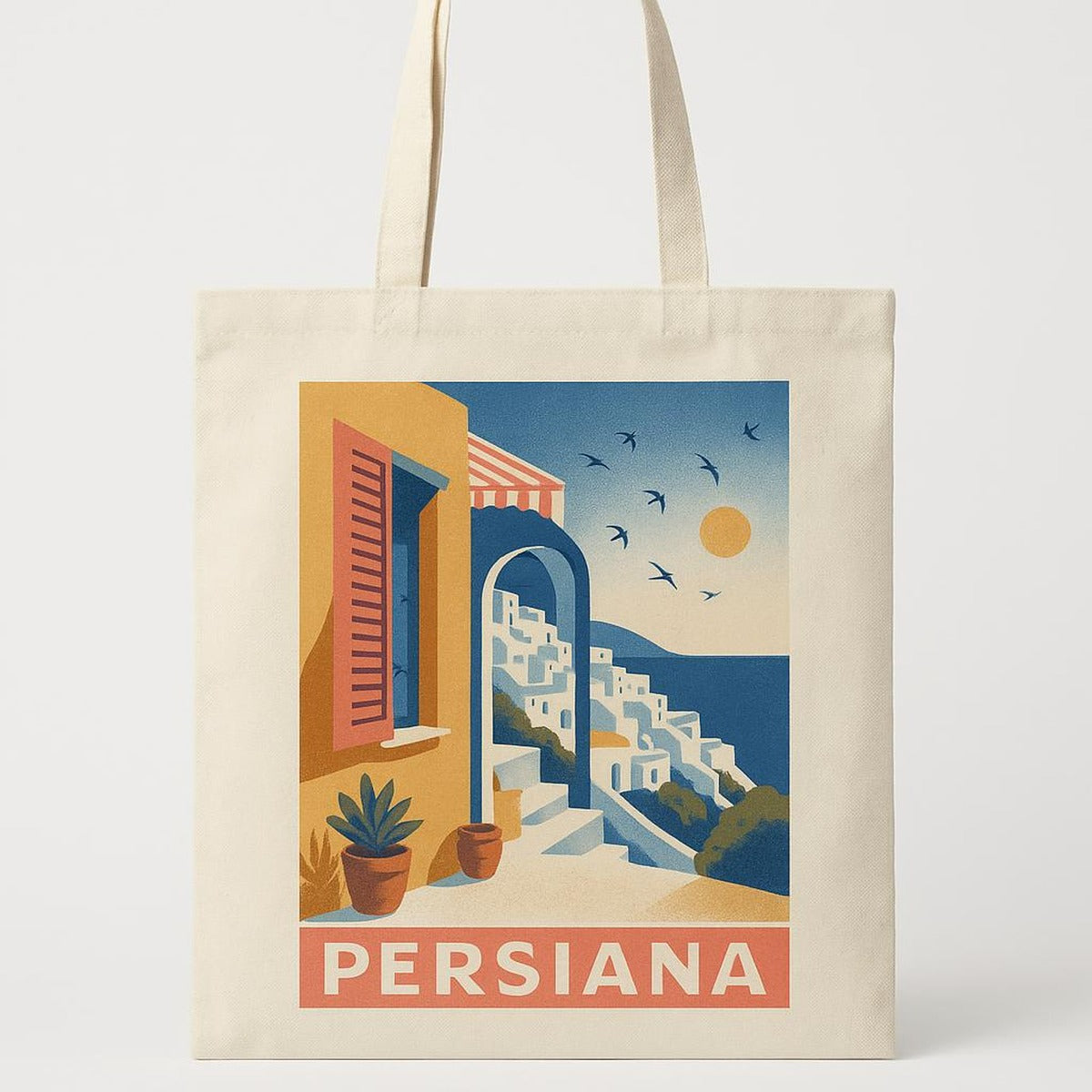Woven cotton tote bag in warm ochre and sandy sun-washed stripes shown against a plaster wall