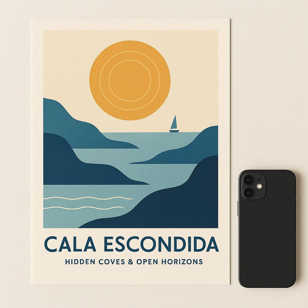 Cala Escondida print in a light oak frame leaning on a wooden console beside dried grasses
