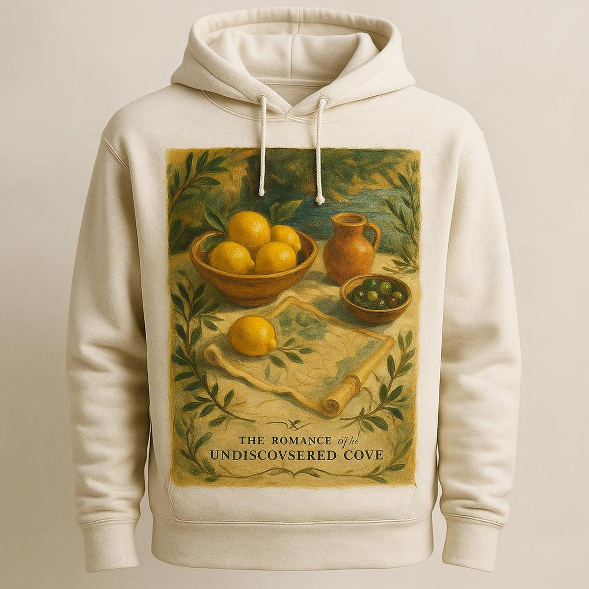 Flat-lay of the folded hoodie beside a rope and linen throw in a Mediterranean coastal setting