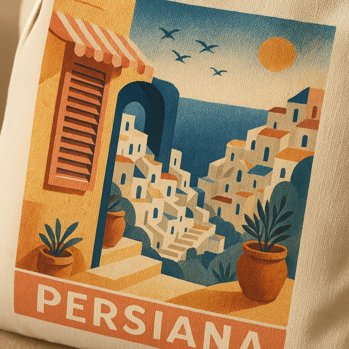 Close-up of the textured cotton canvas and tonal sun-stripe print detail