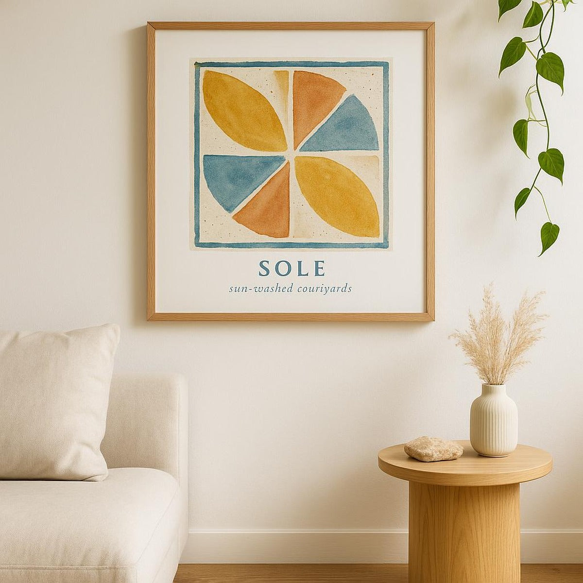 Lifestyle scene with the Mediterranean terrazzo poster framed above a linen sofa in a sunlit room