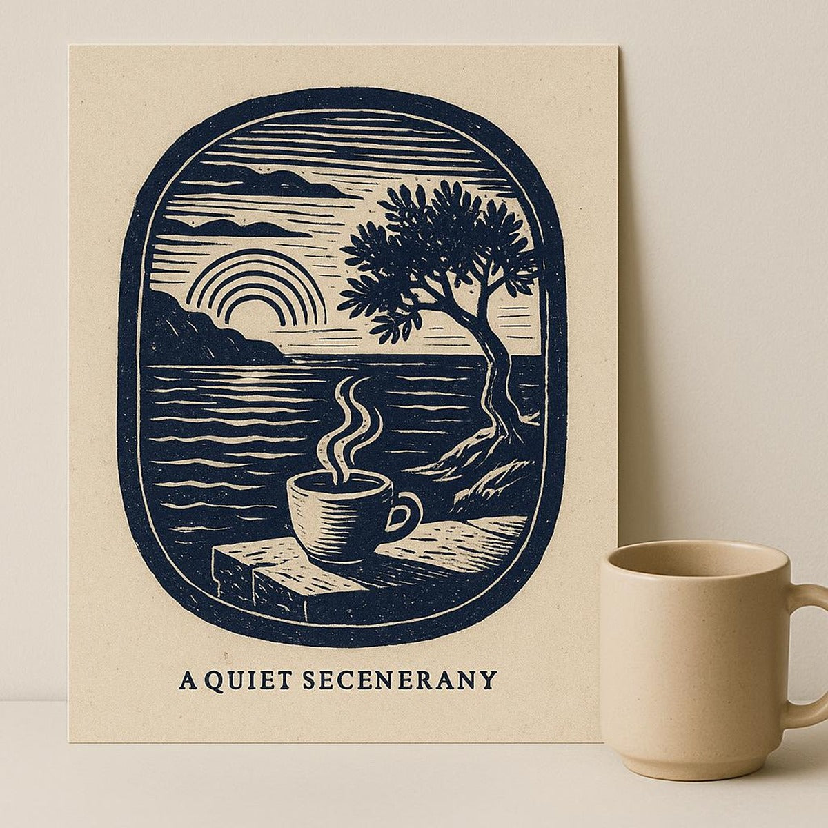 Scale view of the poster beside a coffee bag and mug to show print size