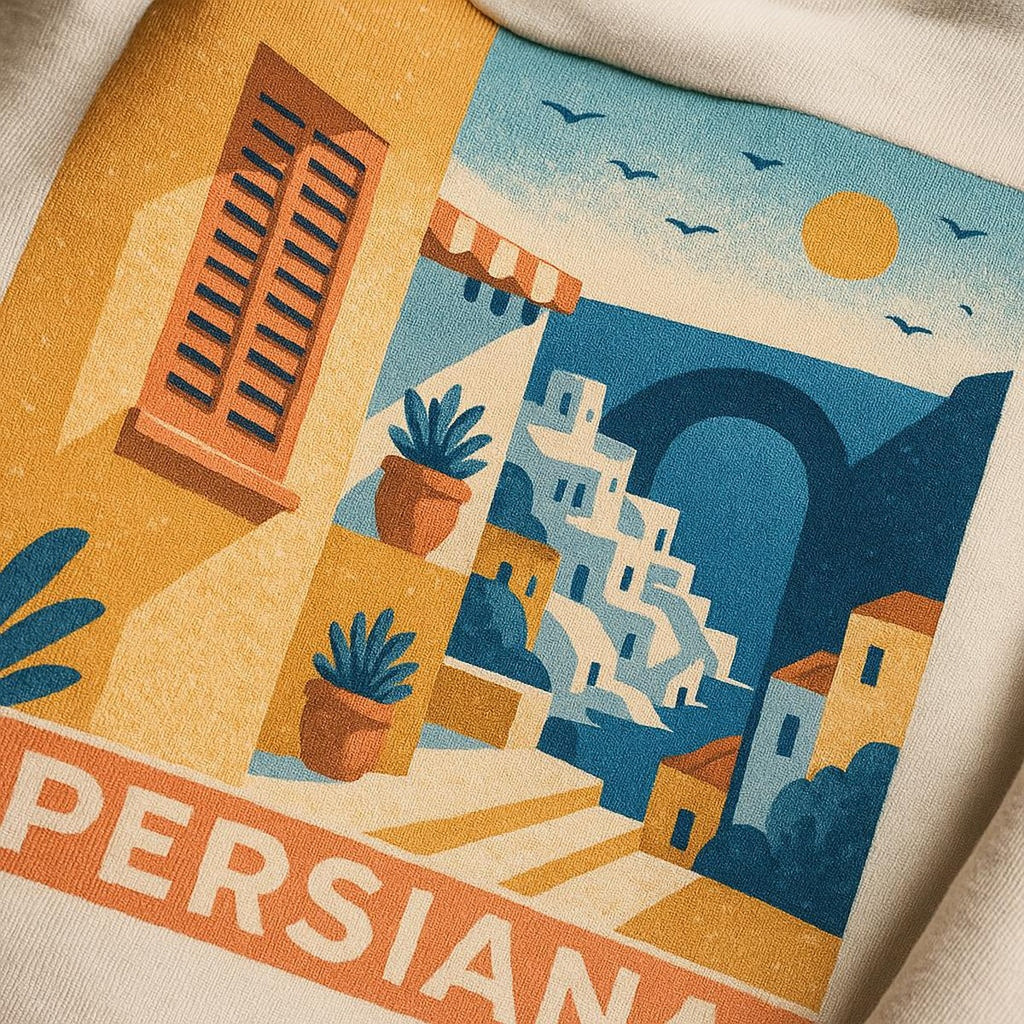 Close-up of the woven-look sun-stripe print showing warm terracotta and sand tones