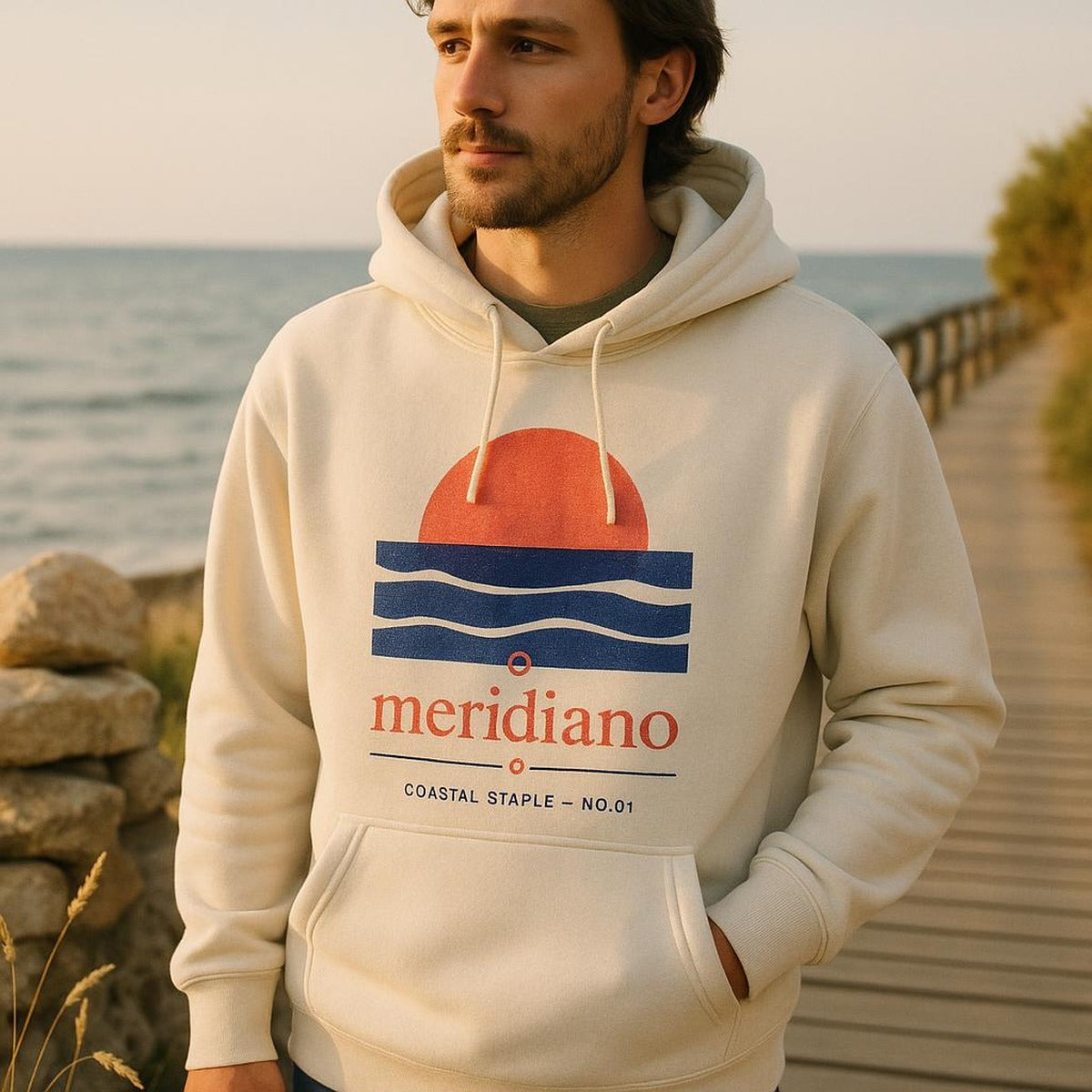Person wearing the relaxed garment-dyed hoodie on a bright coastal walkway