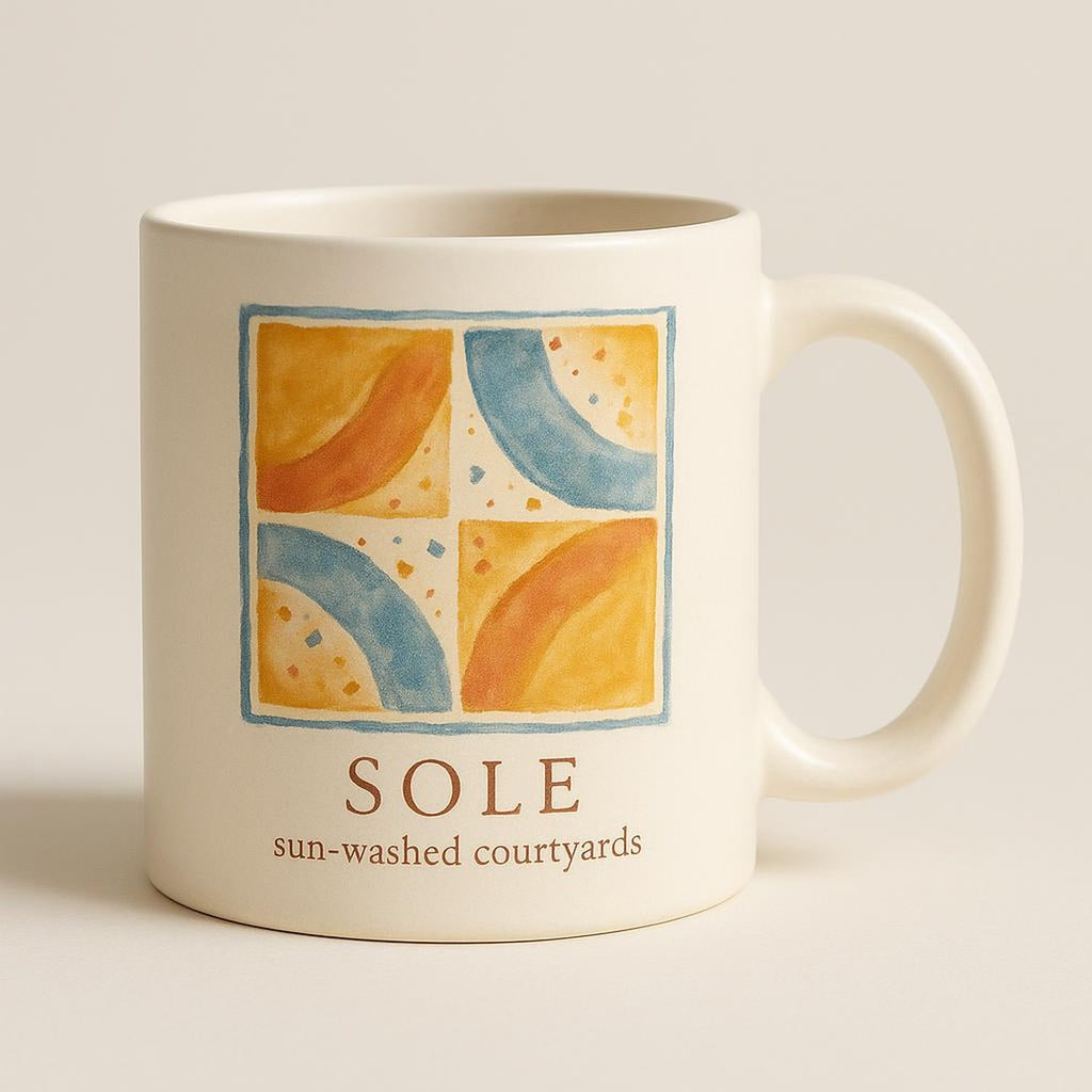 Terrazzo patterned stoneware mug on a windowsill overlooking a bright coastal-inspired room