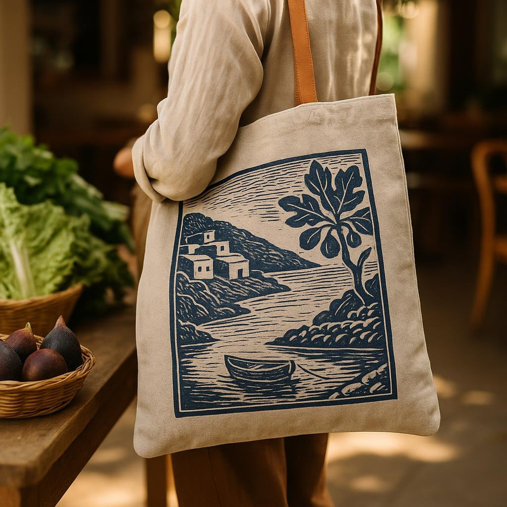 Lifestyle shot of the linen tote carried on the shoulder while walking home from a market