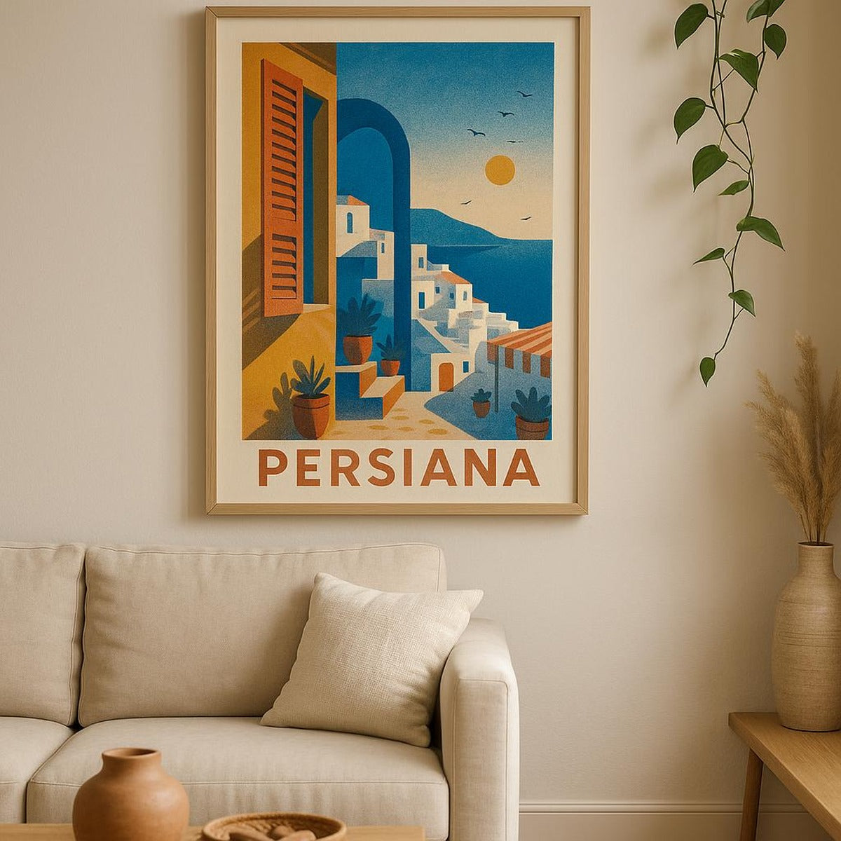 Lifestyle scene of the sun-stripe print framed above a sideboard in a warm plaster-toned living room