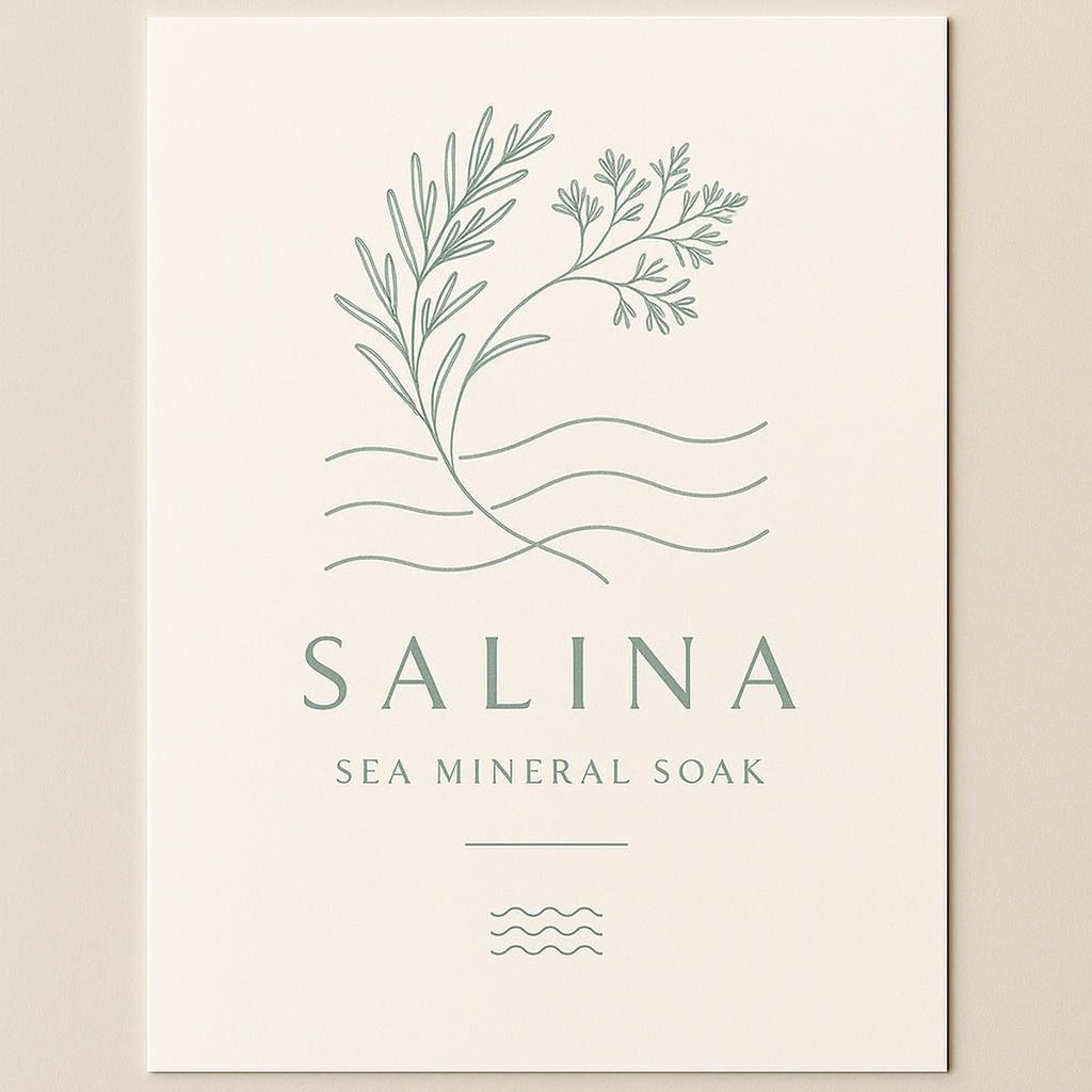 Coastal wellness poster displayed on a pale oak shelf with folded towels and a small dish of sea salt