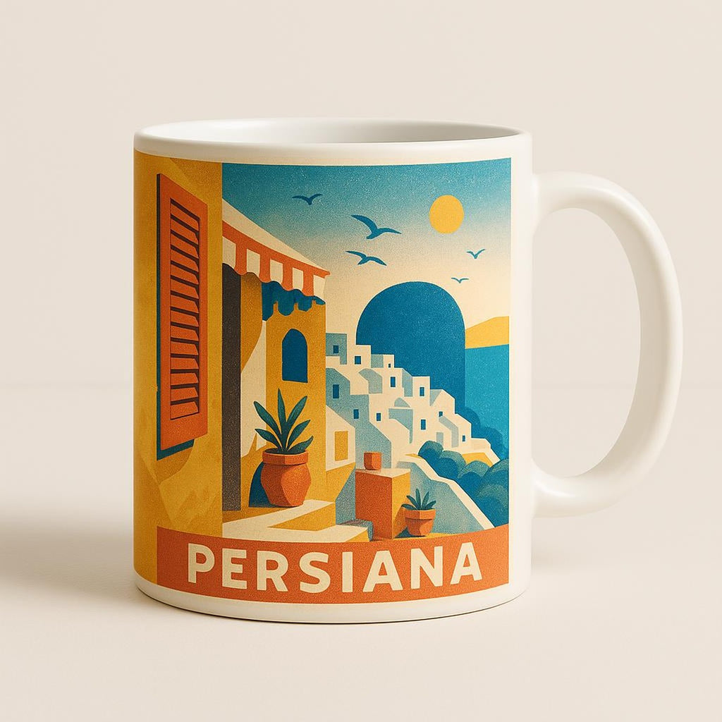Two sun-stripe mugs grouped on a plaster-toned kitchen counter in daylight