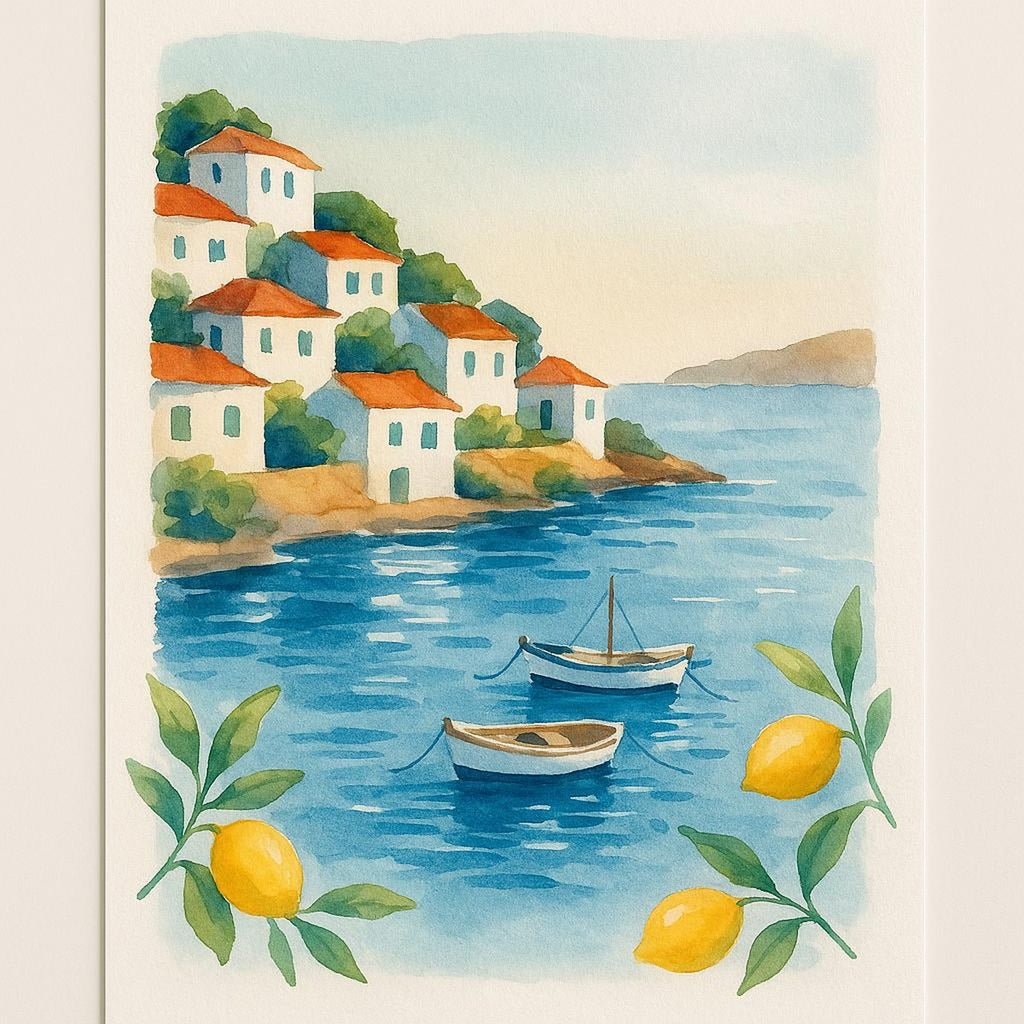 Premium poster of a natural raffia market tote with leather handles against a soft coastal backdrop