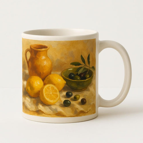 Muted stone ceramic mug with subtle tonal horizon line on a plain neutral background