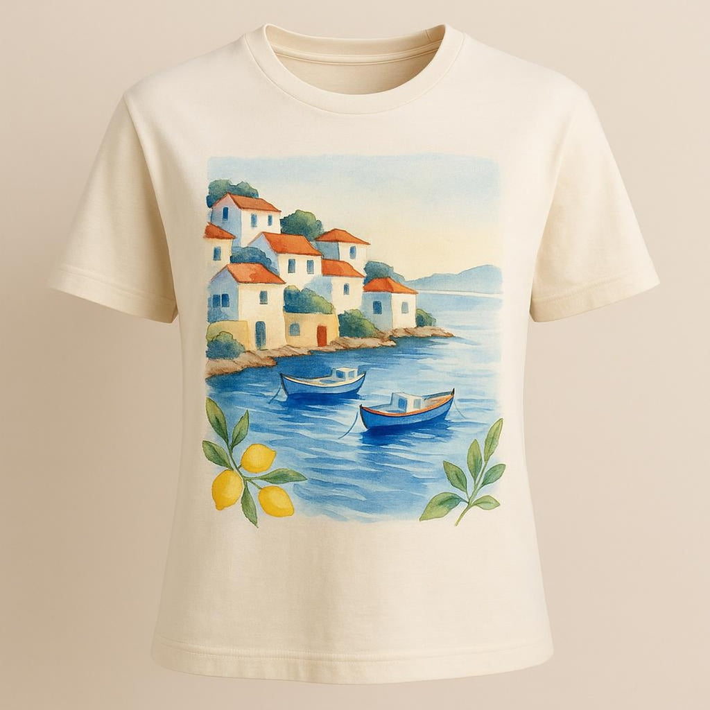 Coastal escape t-shirt styled with linen trousers for a Mediterranean beach day