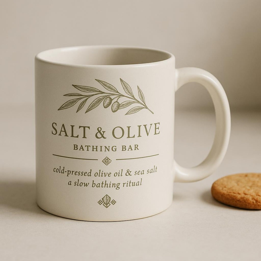 Hand holding the ceramic mug to show comfortable full-loop handle and 325ml size