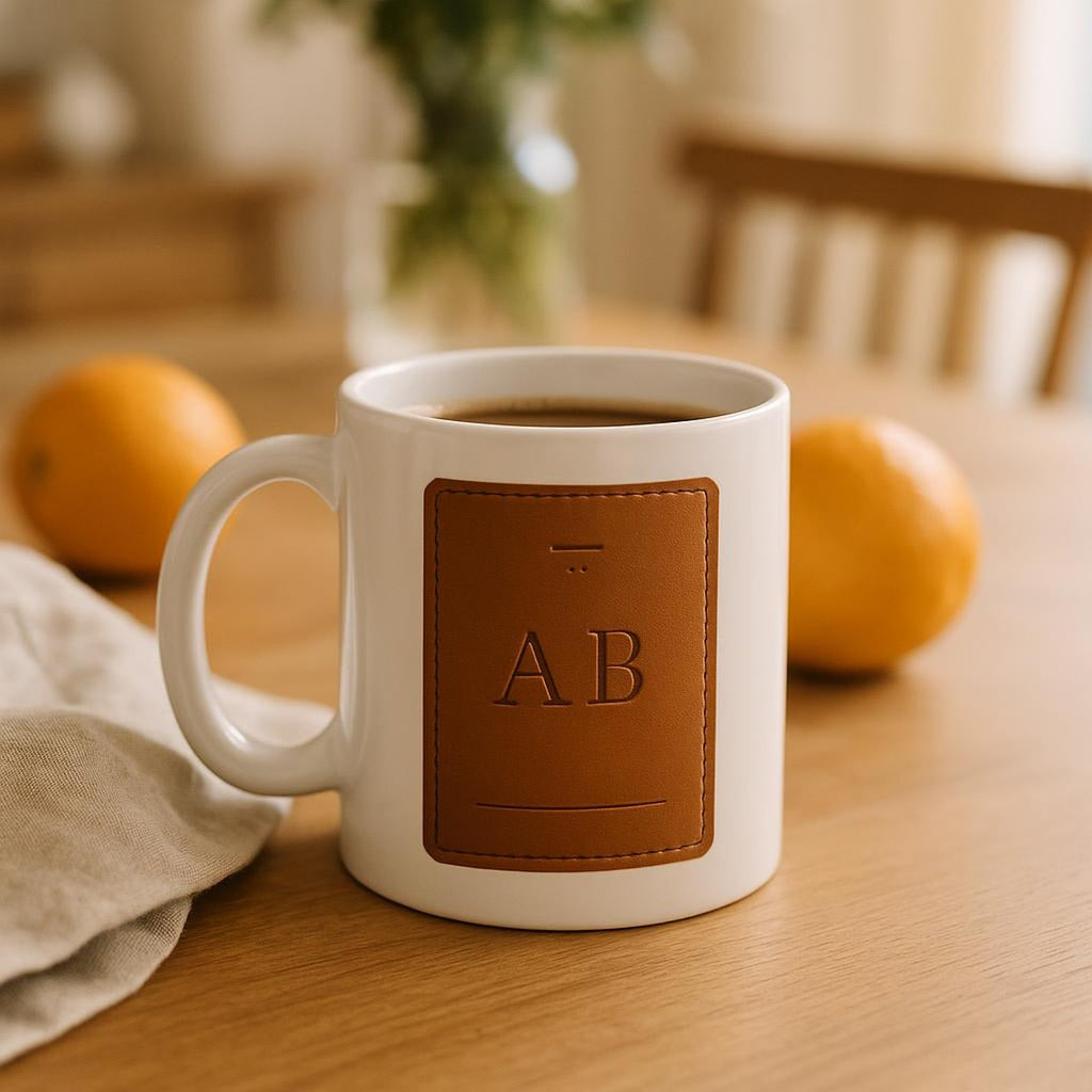 Stoneware mug styled on a Mediterranean terrace table beside a linen napkin and espresso pot