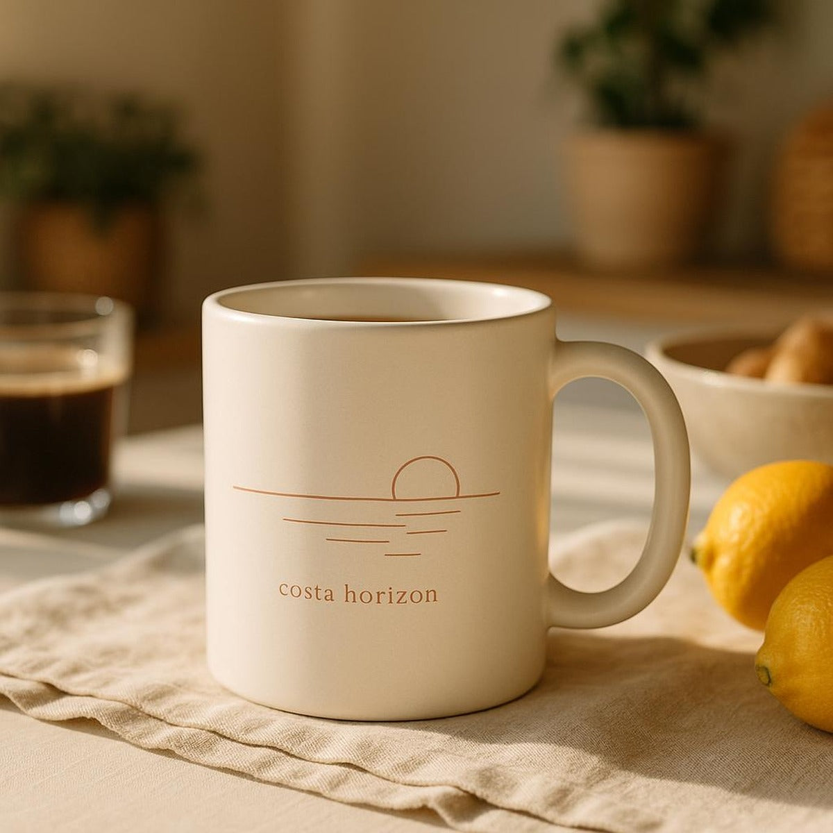 Mug styled on a minimalist kitchen shelf with neutral coastal decor