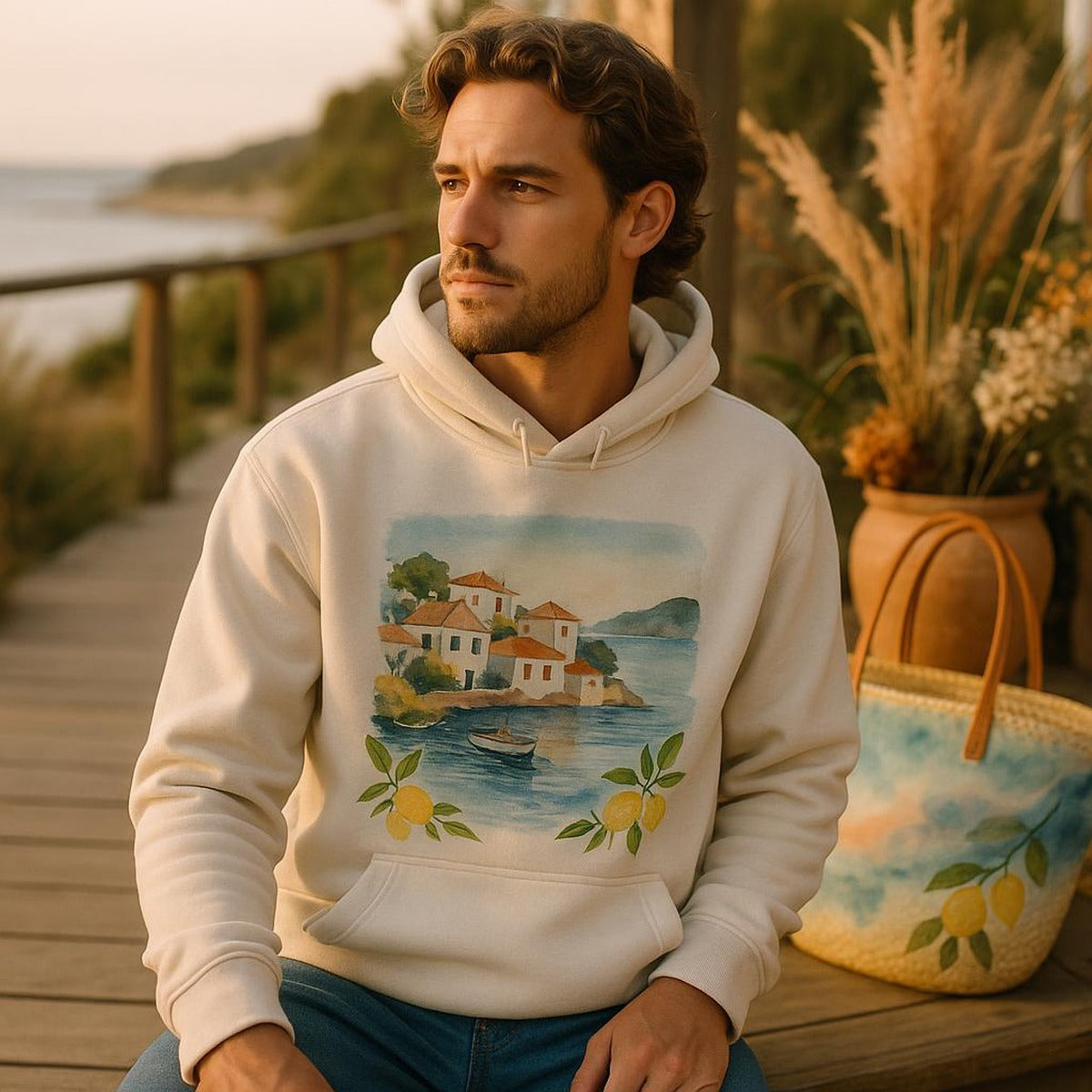 Kangaroo pocket and double-lined hood detail on the sand-toned heavyweight hoodie