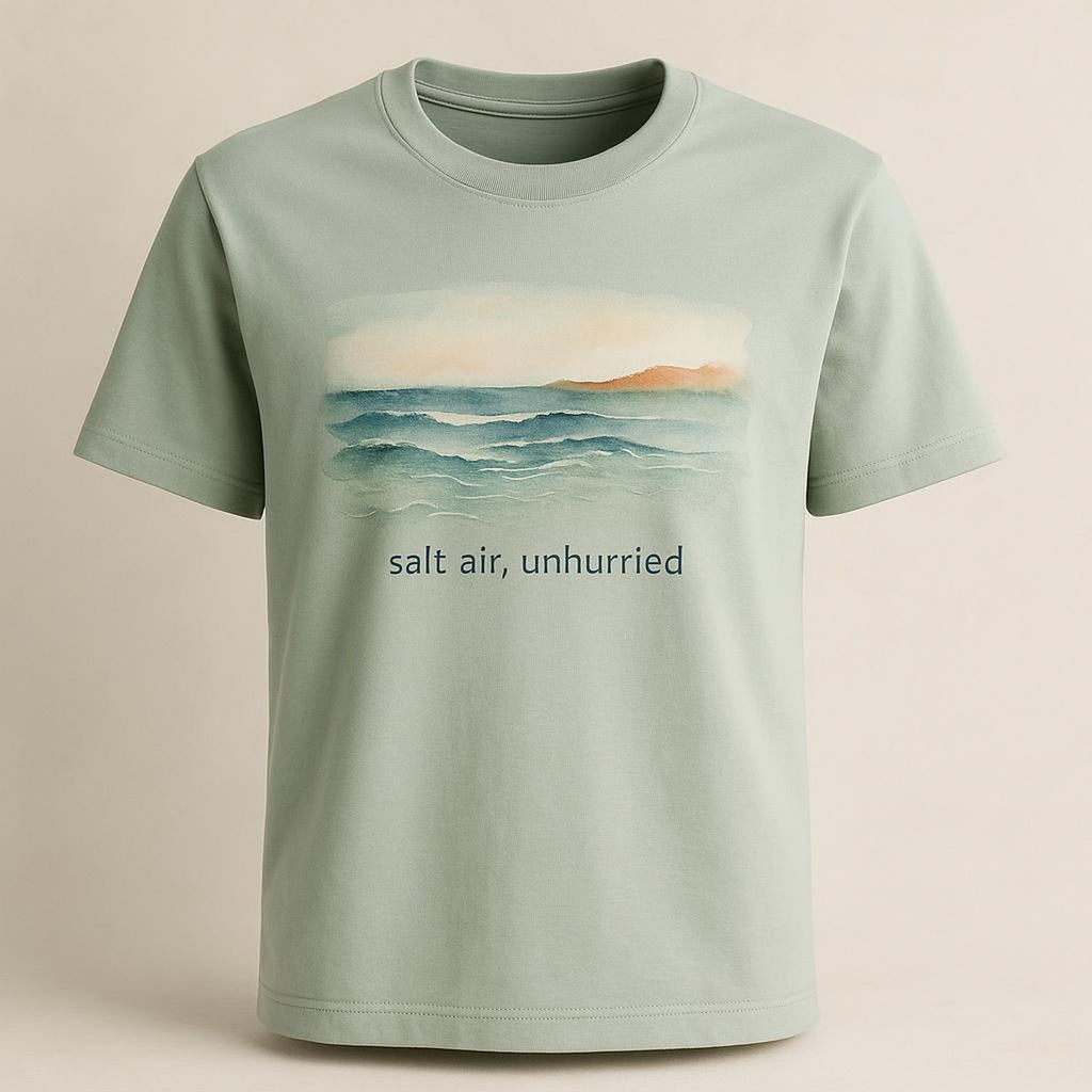 Flat-lay of the sea-glass tee with size chart and care details visible