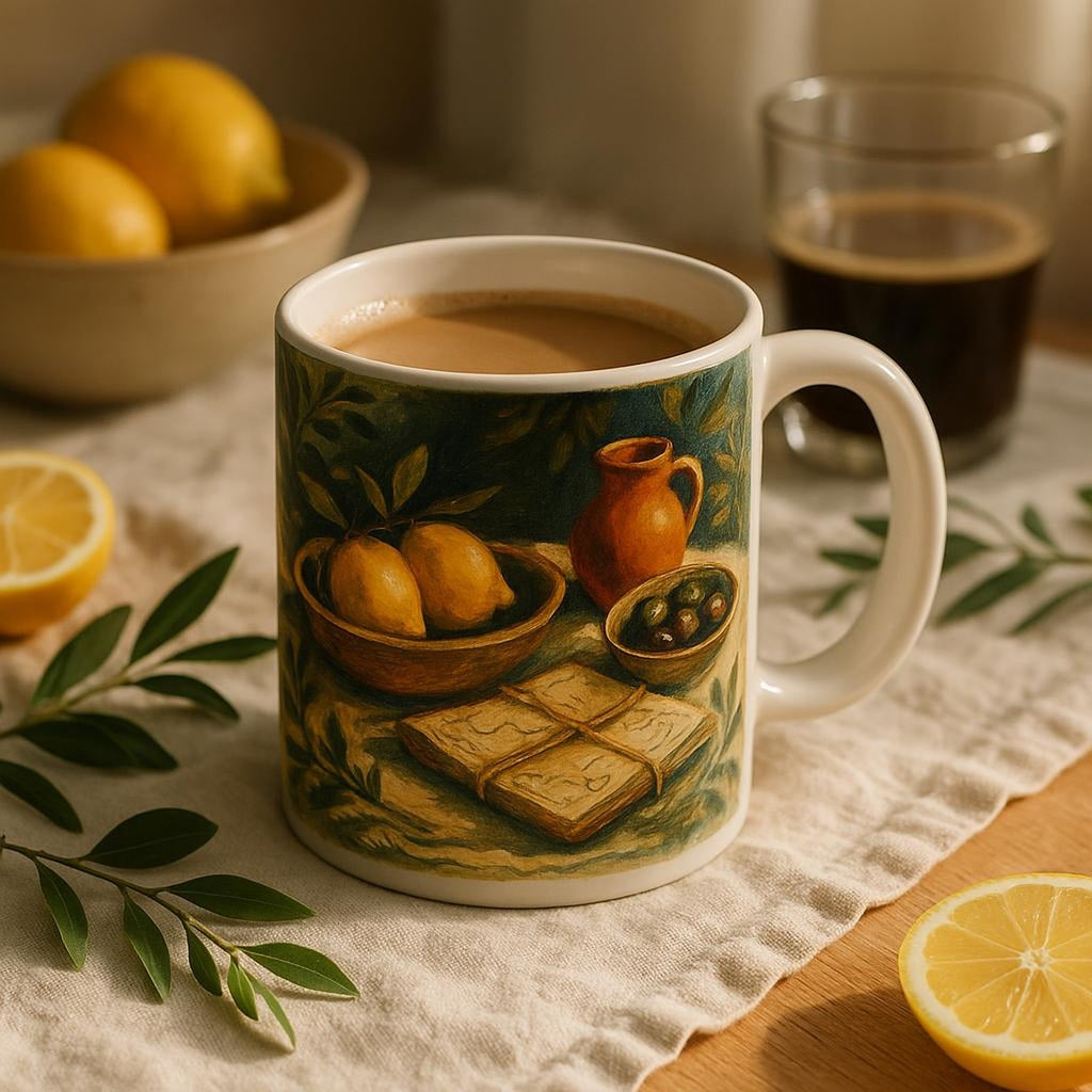 Lifestyle photo of the coastal map mug on a wooden breakfast tray beside a linen napkin and morning coffee