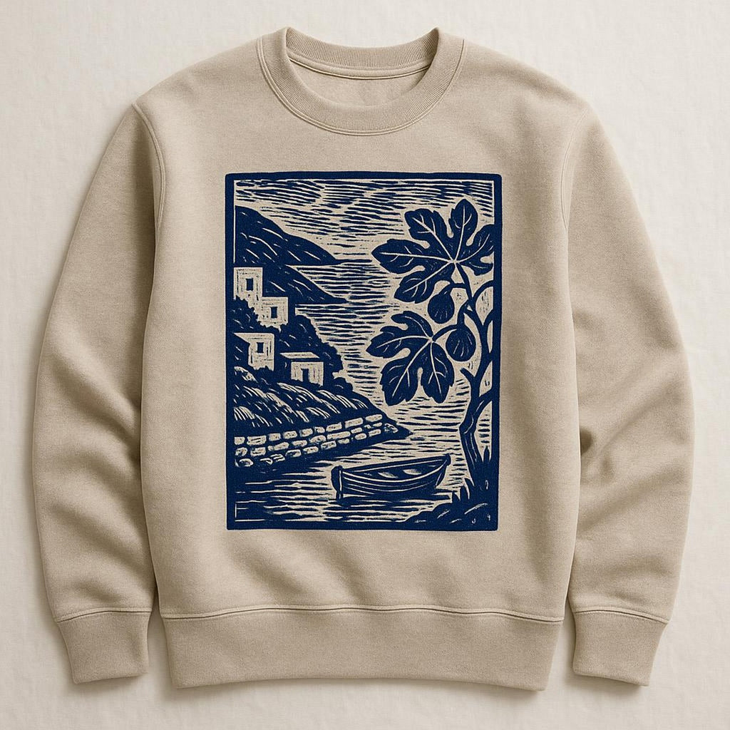 Stone beige crewneck sweatshirt with fig and stone kitchen artwork laid flat on linen