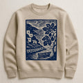 Stone beige crewneck sweatshirt with fig and stone kitchen artwork laid flat on linen