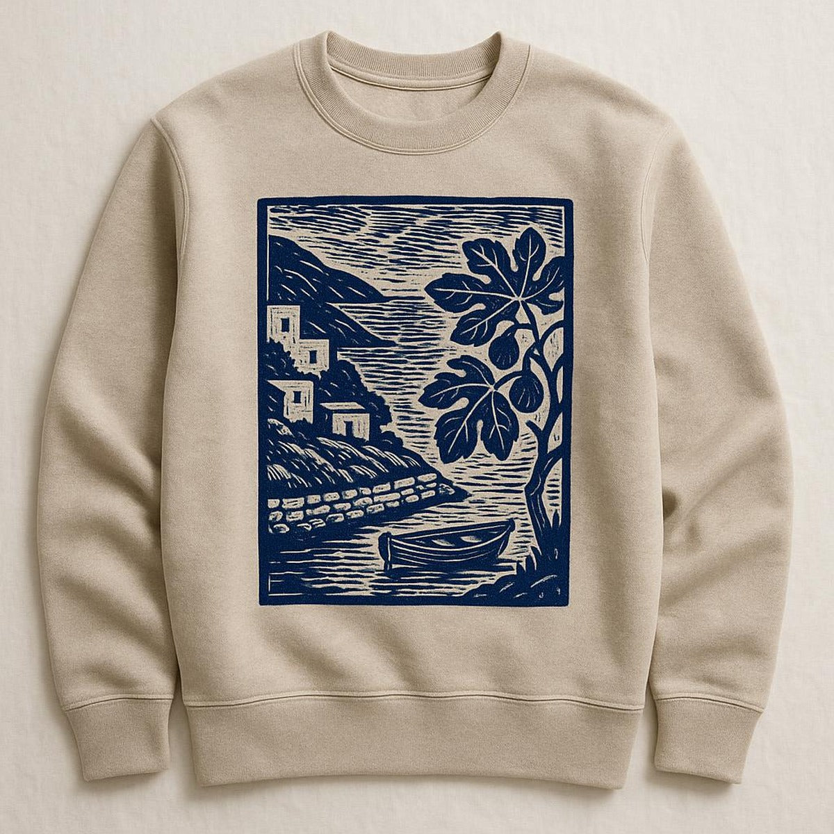 Stone beige crewneck sweatshirt with fig and stone kitchen artwork laid flat on linen