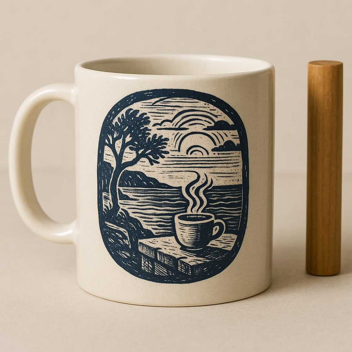 Hand holding the rounded handle of the Aurora mug to show its comfortable grip and size