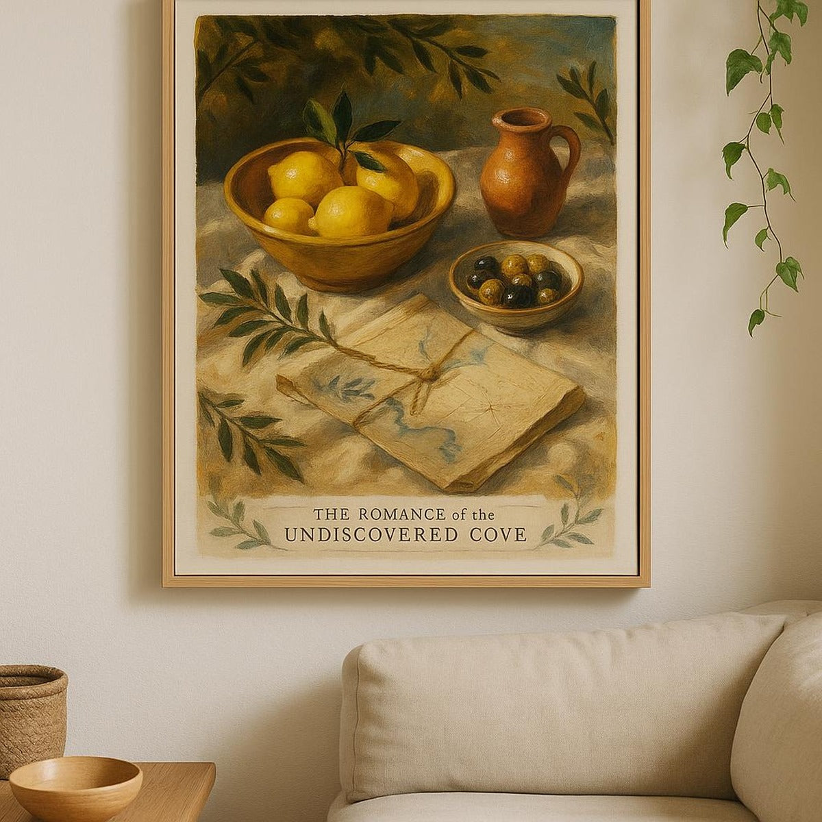 Lifestyle shot of the coastal map poster framed above a linen bed in a bright airy room