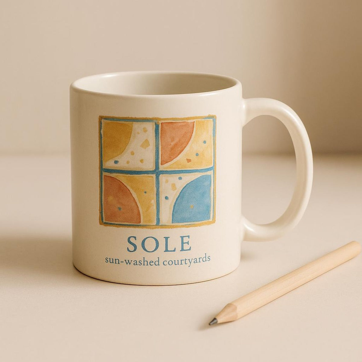 Ceramic mug held in hand to show its generous 325ml size and comfortable rounded handle
