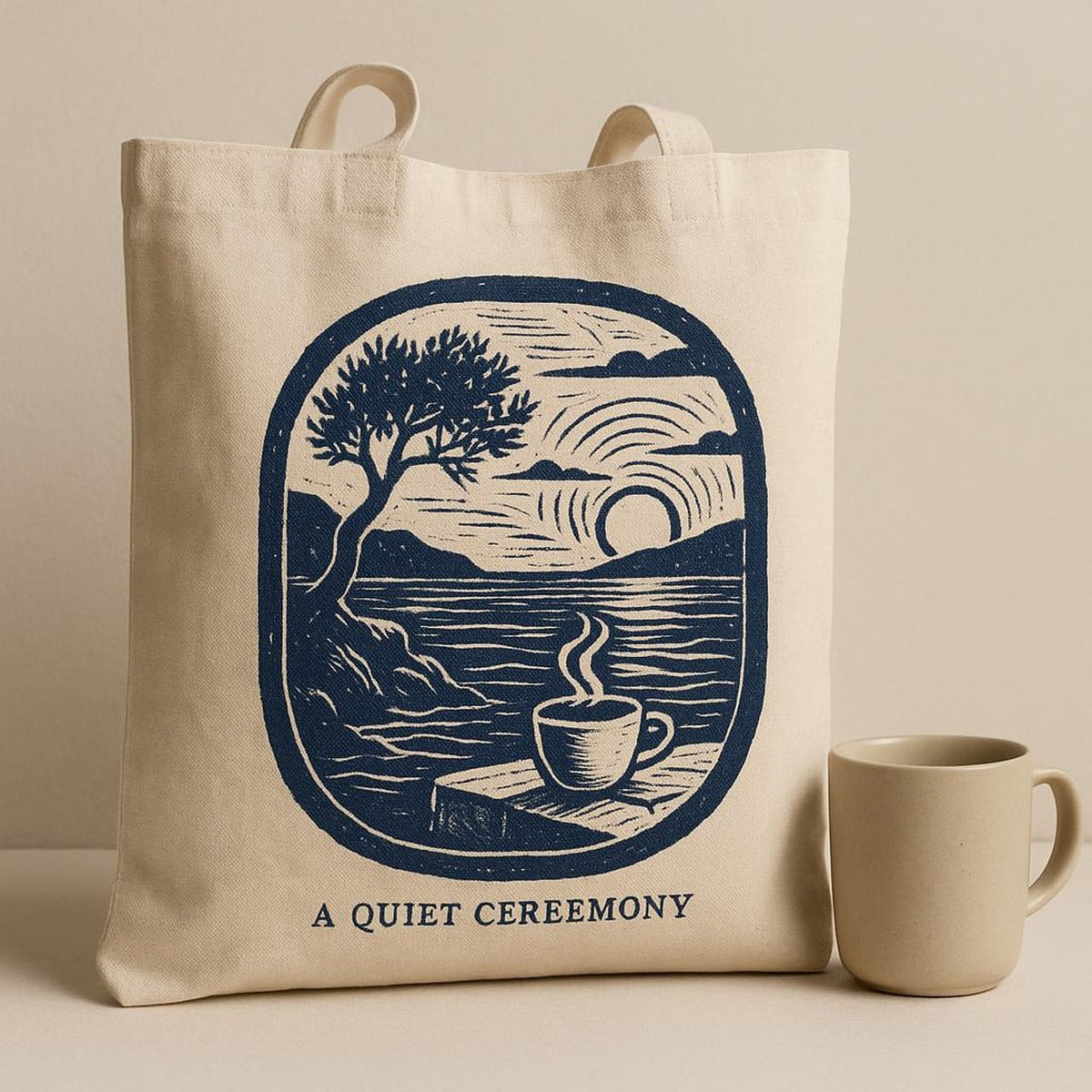 Tote bag filled with coffee beans, a book and a flask to show its roomy everyday capacity