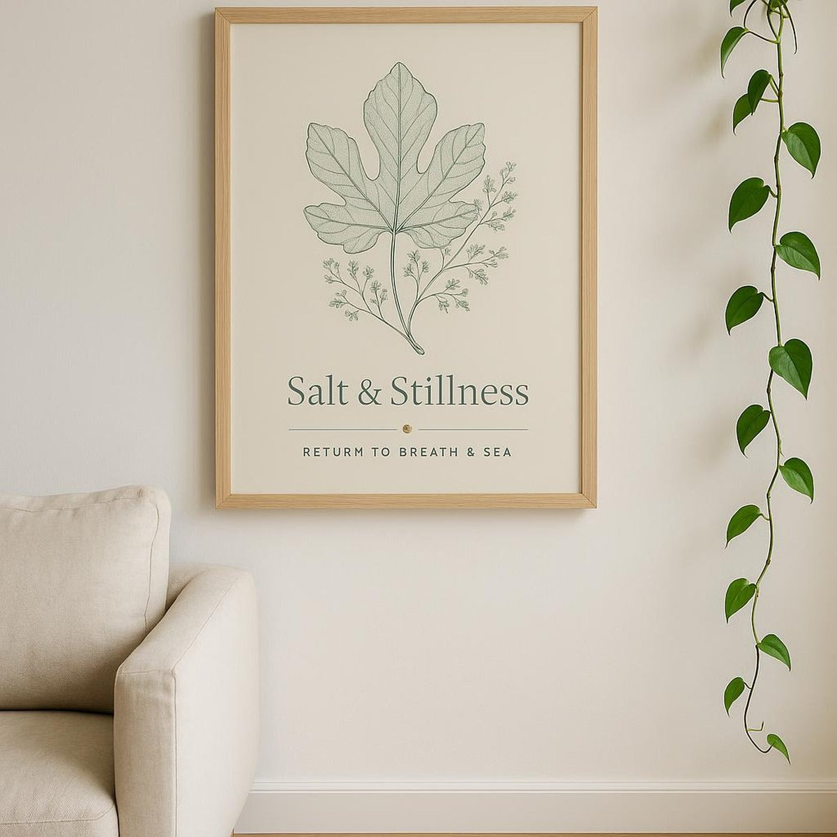 Serene bathroom shelf styling with the framed print, dried botanicals and stone accents