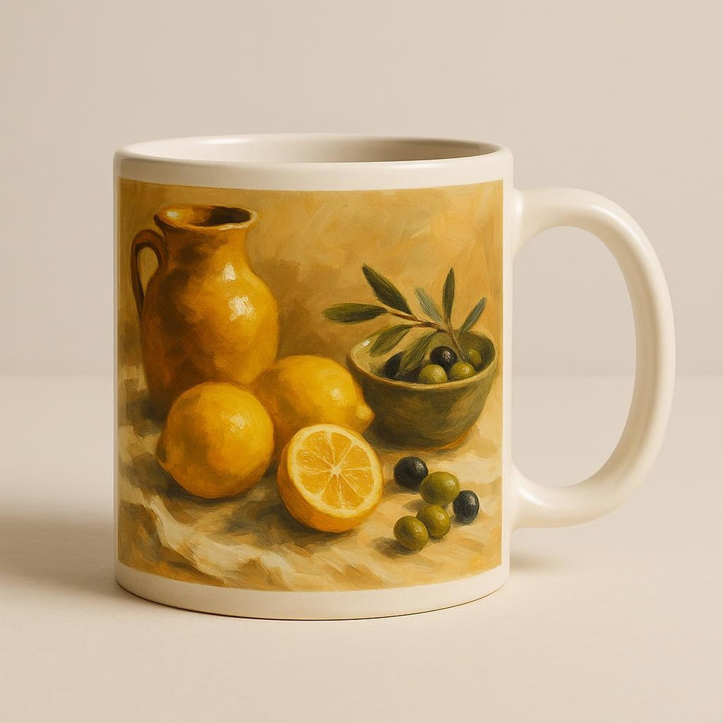 Scale shot of the mug held in one hand showing its 350 ml everyday size