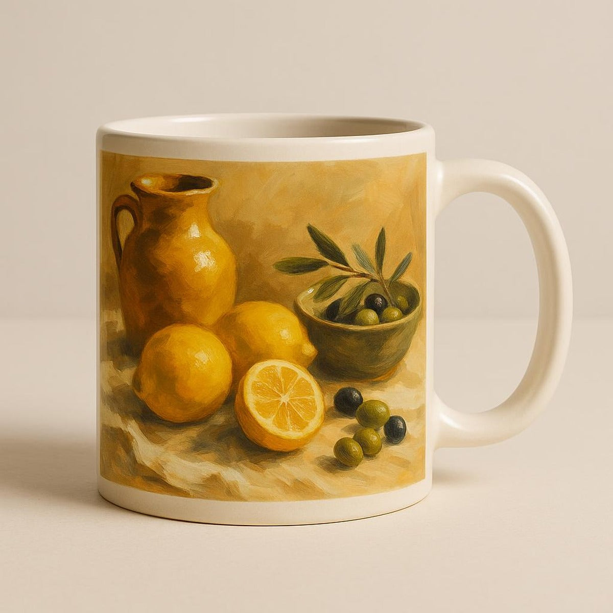 Scale shot of the mug held in one hand showing its 350 ml everyday size
