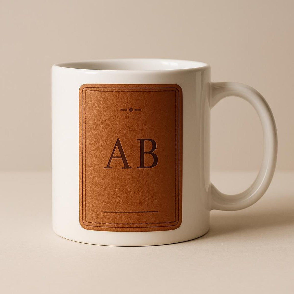 Overhead view of the mug showing the glossy glaze and tan leather tag artwork