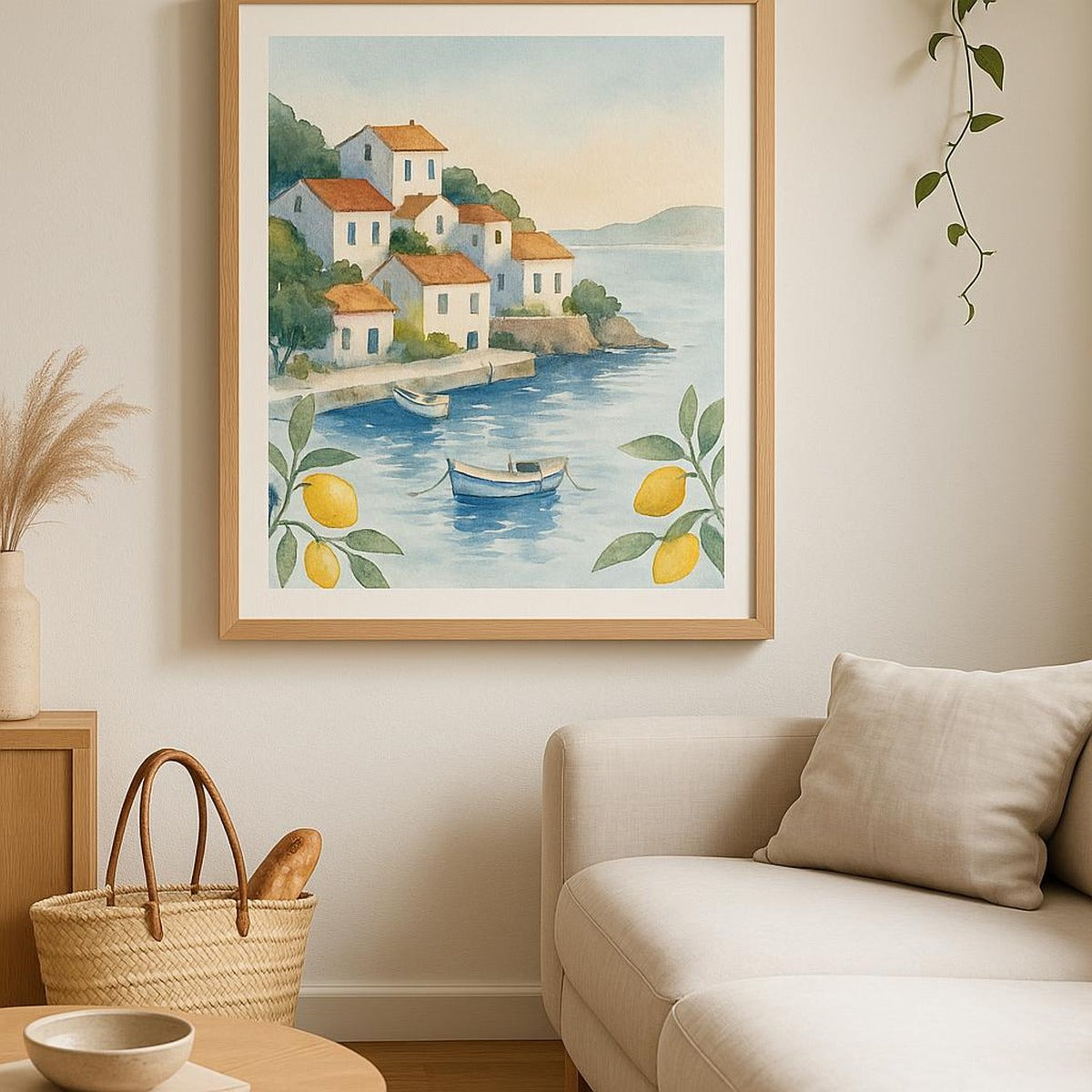 Lifestyle scene showing the coastal tote poster framed in oak above a linen-draped console table