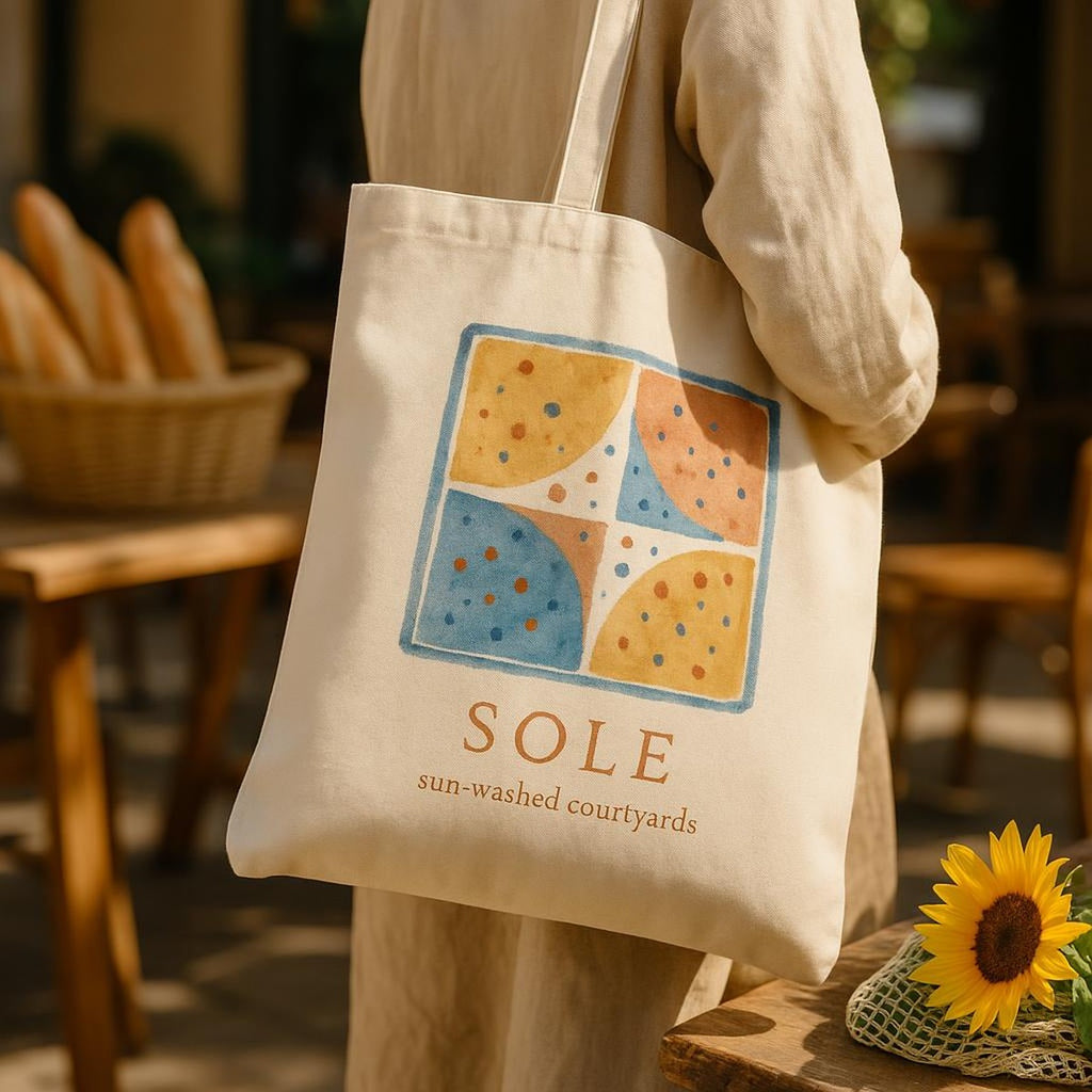 Lifestyle image of the terrazzo tote carried on the shoulder along a whitewashed Mediterranean street