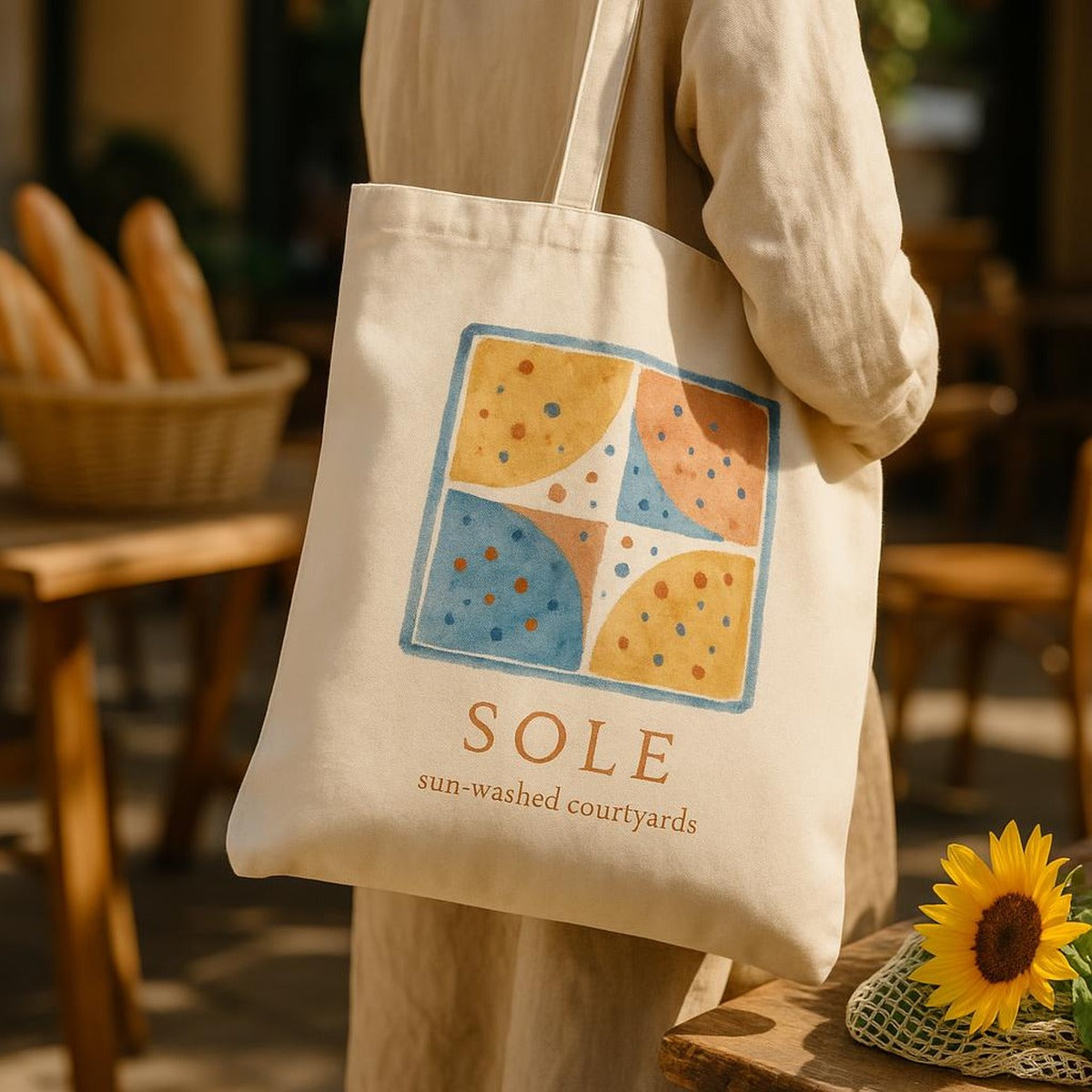 Lifestyle image of the terrazzo tote carried on the shoulder along a whitewashed Mediterranean street