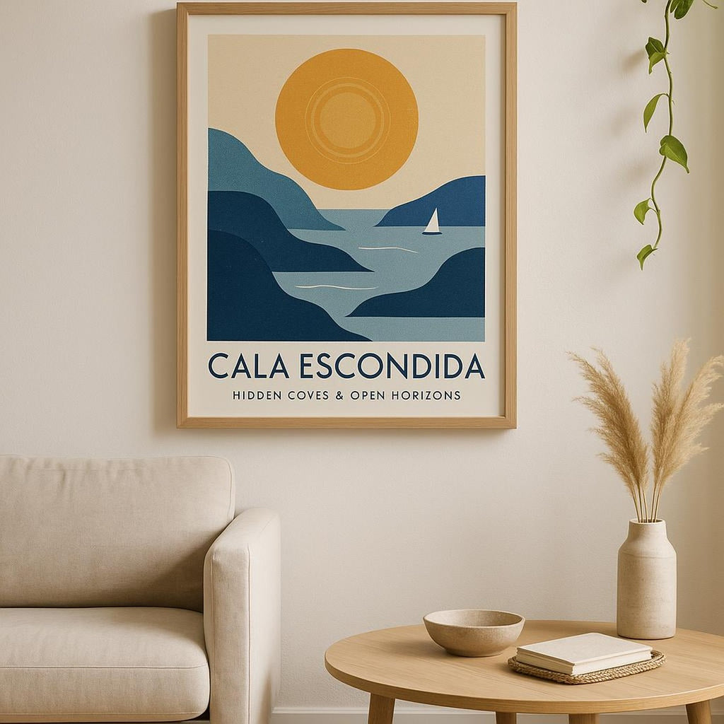 Framed Cala Escondida coastal poster hanging above a linen sofa in a sunlit Mediterranean living room