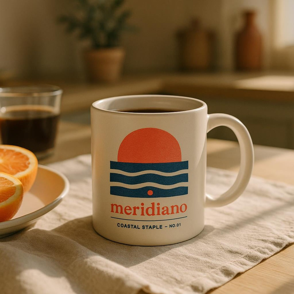 The mug on a kitchen shelf beside neutral crockery in a relaxed coastal interior