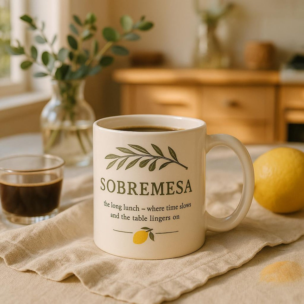 Mug shown next to a coffee pot to indicate its generous size and scale