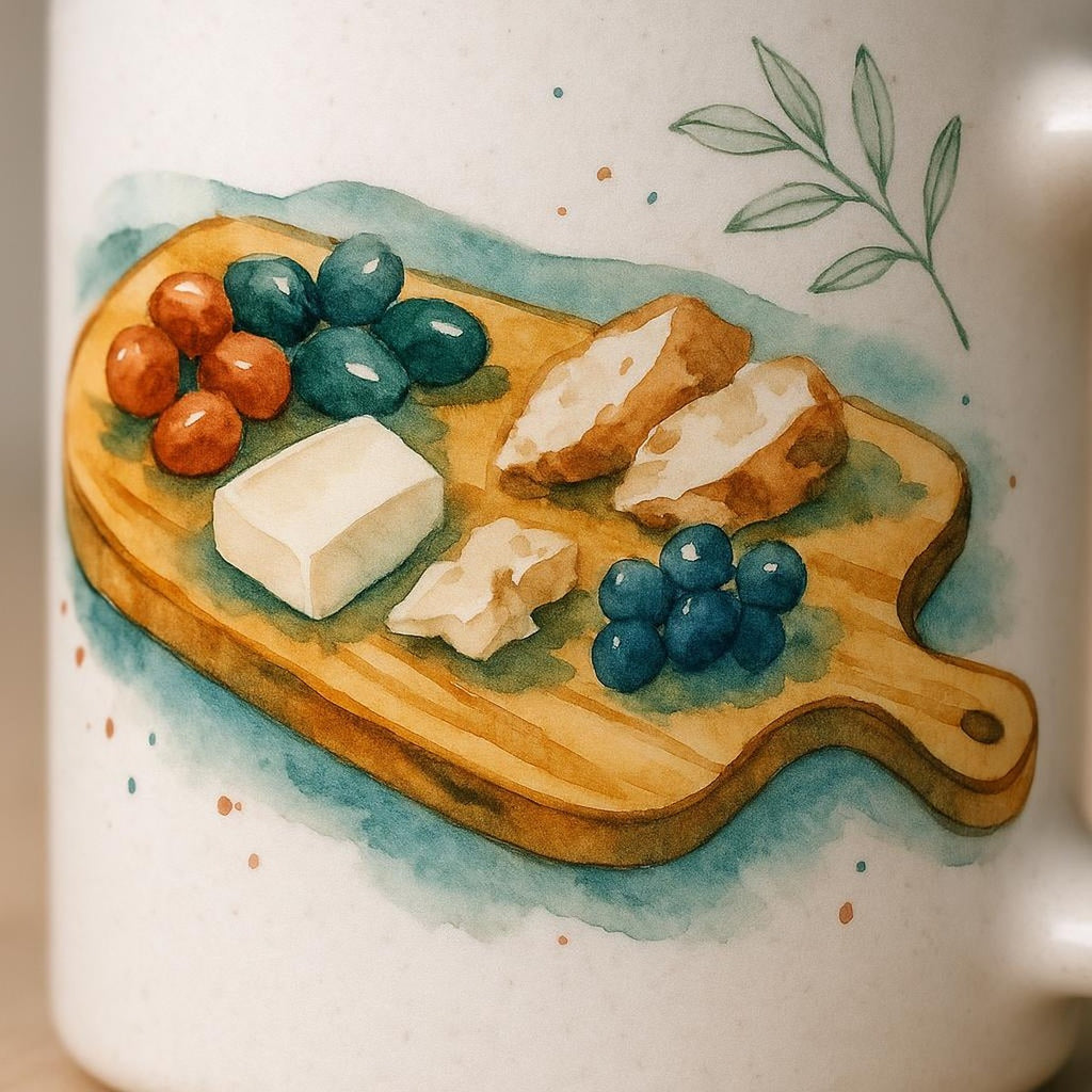 Close-up of the olive-board illustration and juice-channel detail wrapping around the stoneware mug