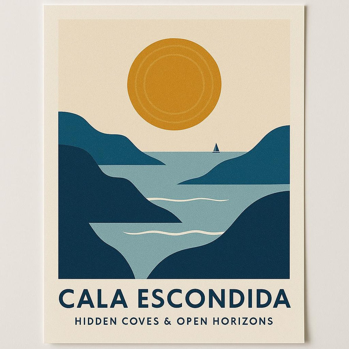 Cala Escondida premium poster showing an abstract terracotta sun over layered blue sea bands on white background