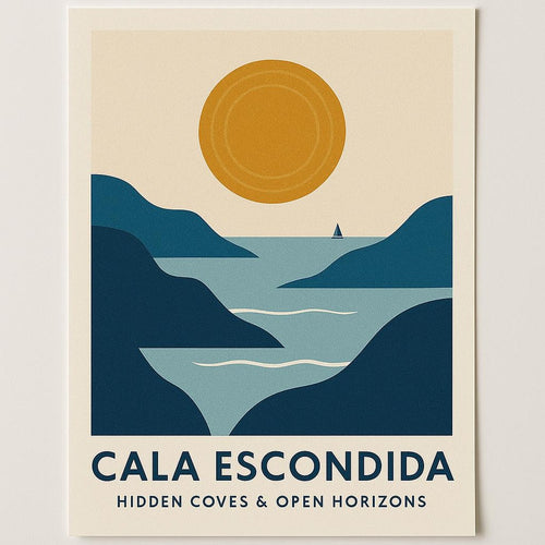 Cala Escondida premium poster showing an abstract terracotta sun over layered blue sea bands on white background