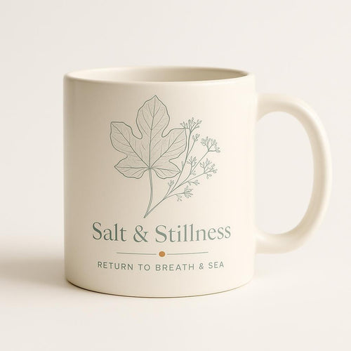 Sea salt white ceramic mug with soft botanical fig leaf design on a plain background