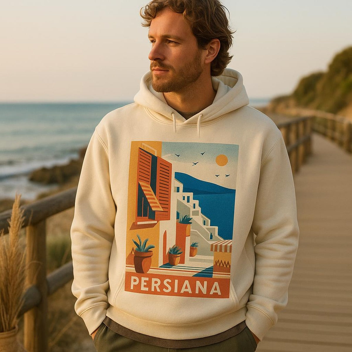Person wearing the sun-stripe hoodie in soft afternoon light beside a plaster wall