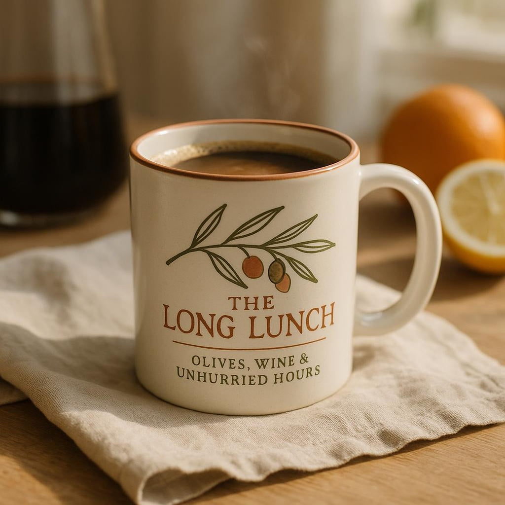 Meze olive design ceramic mug filled with coffee beside shared olives on a sunlit Mediterranean lunch table