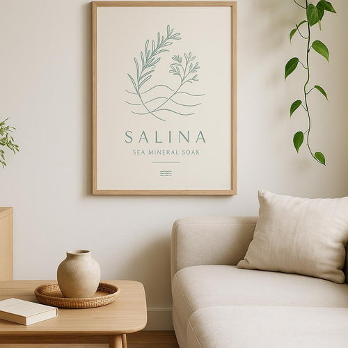 Framed sea salt soak poster hanging above a freestanding bathtub in a calm spa-style bathroom