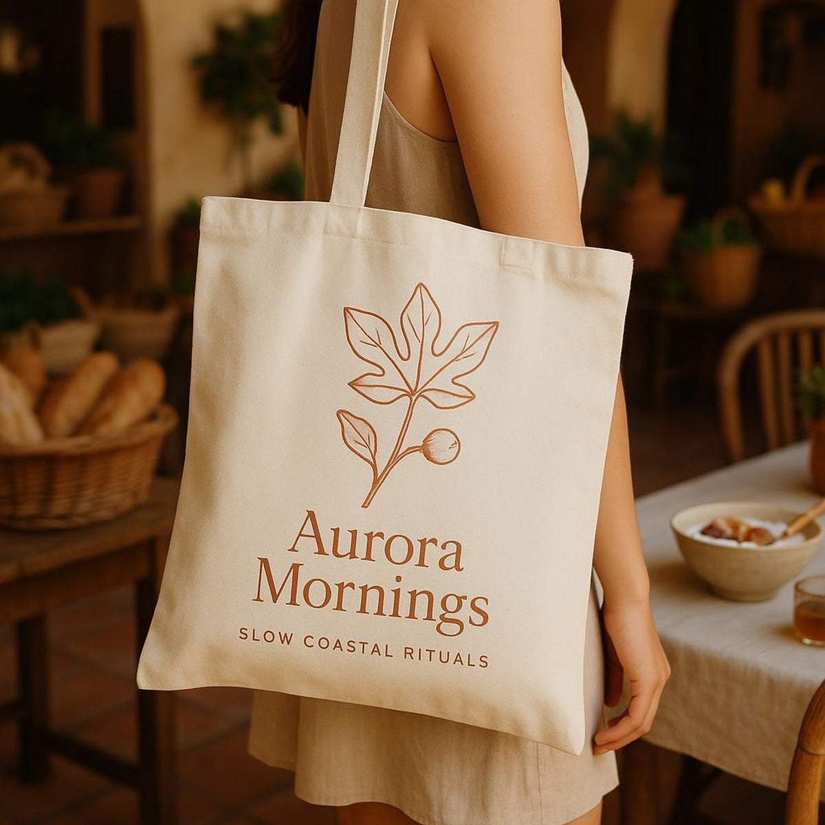 Cotton tote resting on a rustic kitchen table beside fruit, yoghurt and warm bread