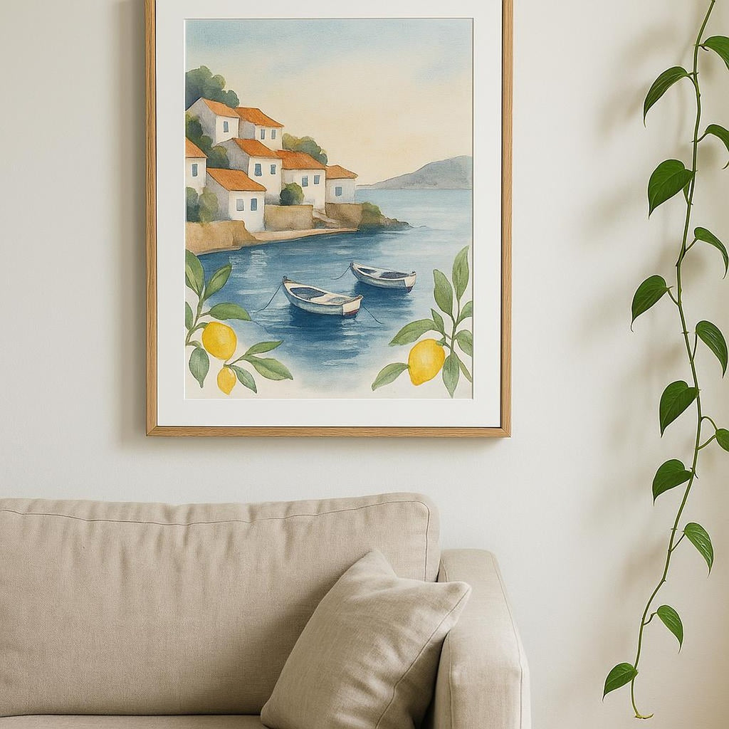 Neutral bedroom setting with the raffia tote poster hung above a made bed for a coastal mood
